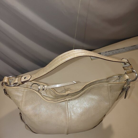 Coach Metallic Gold Leather Tote Bag Adjustable Strap Light Blue Interior - Picture 12 of 13